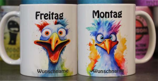 Weiße Tasse mit Spruch Vögel Montag (lachend) Freitag (Traurig)